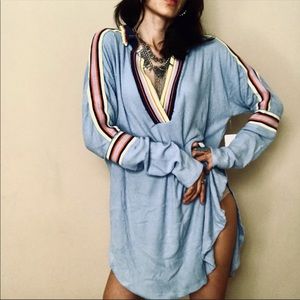 nwot free people thermal crochet stripe sleeve light blue cozy comfy tunic top